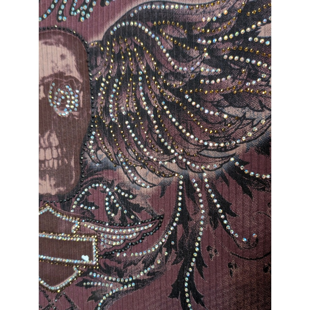 Harley-Davidson Womens Burgundy Rhinestone Winged Skull Lace Up Back L/S Shirt - Picture 13 of 15